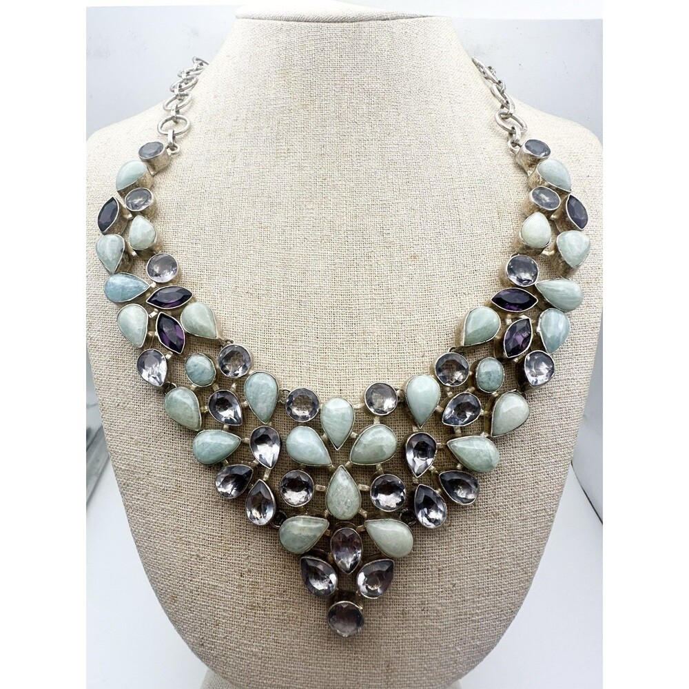 Semi-precious Gemstone V Shape Statement Necklace Untested Metal 17.5”